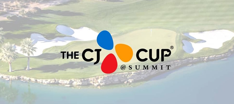 An image of the CJ Group sponsored CJ Cup golf tournament logo with the Summit Club golf course in the background